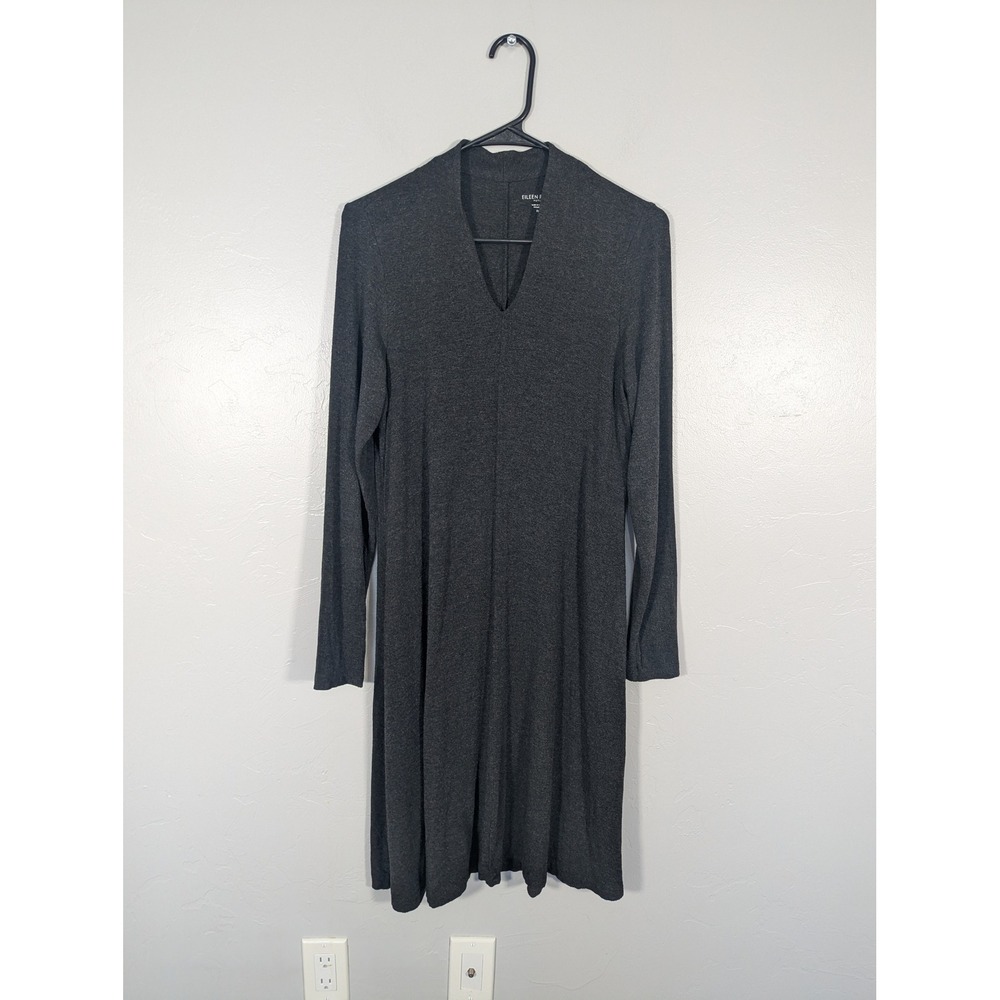Eileen Fisher Petite Charcoal Grey V-Neck Long Sleeve Jersey Knit Midi Dress‎ PM